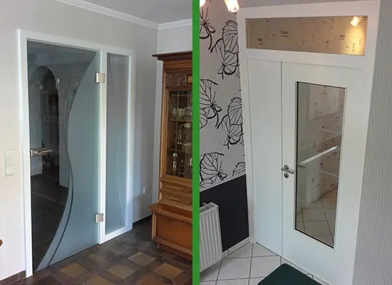 Zwei moderne Innentüren mit Glaseinsätzen in unterschiedlichen Ausführungen.